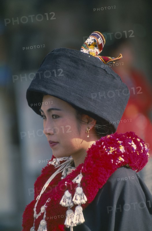 THAILAND, Chiang Mai Province, Portrait of a Iu Mien woman in traditional attire