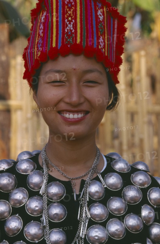 THAILAND, Chiang Mai Province, Muang Nga, Portrait of a Jinghpaw woman in traditional attire