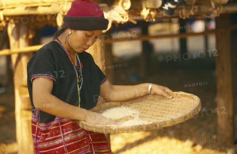 THAILAND, Chiang Mai, Sgaw Karen woman using a bamboo tray to sift pounded rice