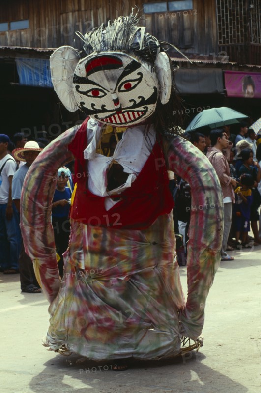 THAILAND, Loei Province, Dan Sai, Phi Ta Khon or Spirit Festival. Person wearing spirit costume during parade
