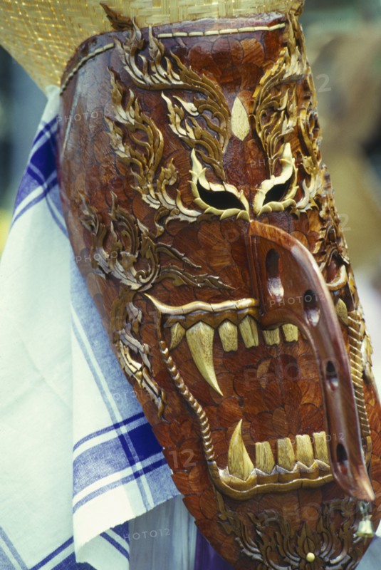 THAILAND, Loei Province, Dan Sai, Phi Ta Khon or Spirit Festival. Person wearing elaborate spirit mask
