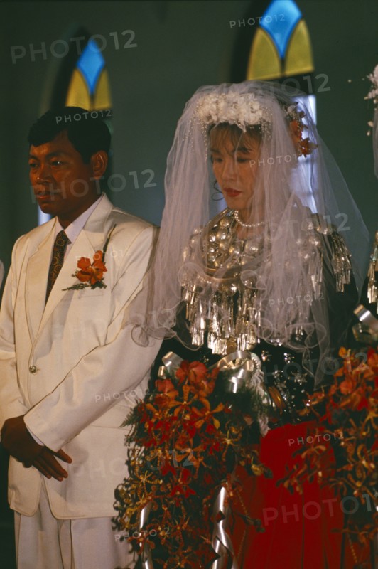 MYANMAR, Kachin State, Myitkyina, Jinghpaw wedding with Bride and Groom at Geis memorial church