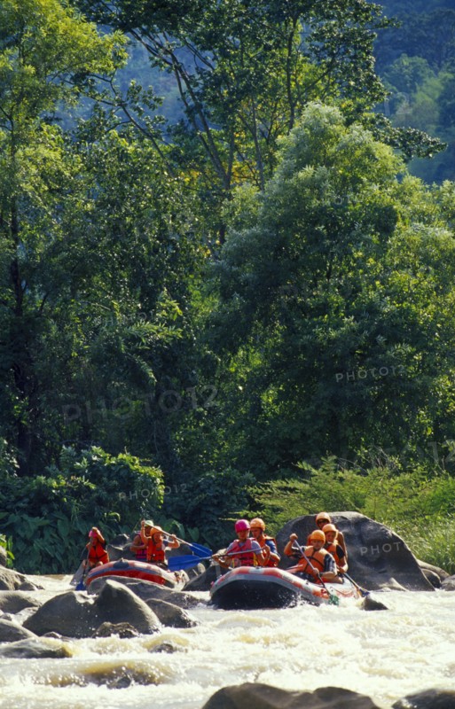 THAILAND, Chiang Mai Province, Western tourists and Thai guides white water river rafting on the Mae Taeng River