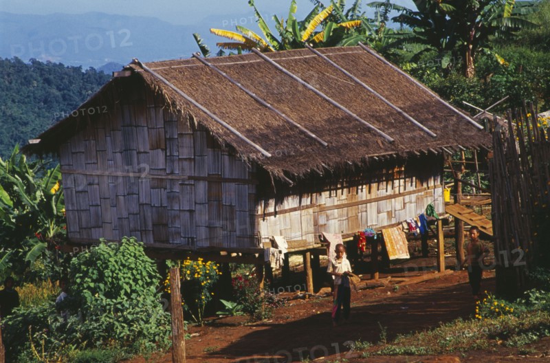 THAILAND, Chiang Mai Province, Mae Taeng District, Red Lahu hilltribe village bamboo house with thatched roof