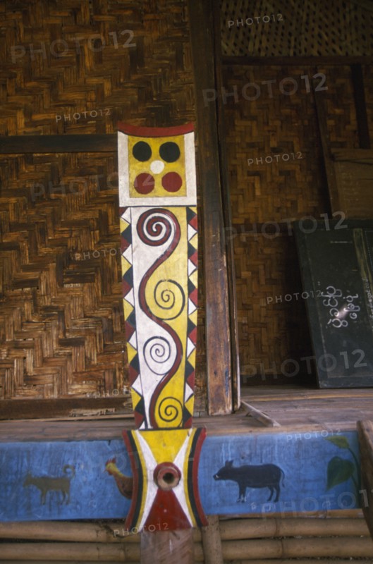MYANMAR, Kachin State, Near Myitkyina, Jinghpaw ceremonial house interior detail at Manao grounds in Waing Maw
