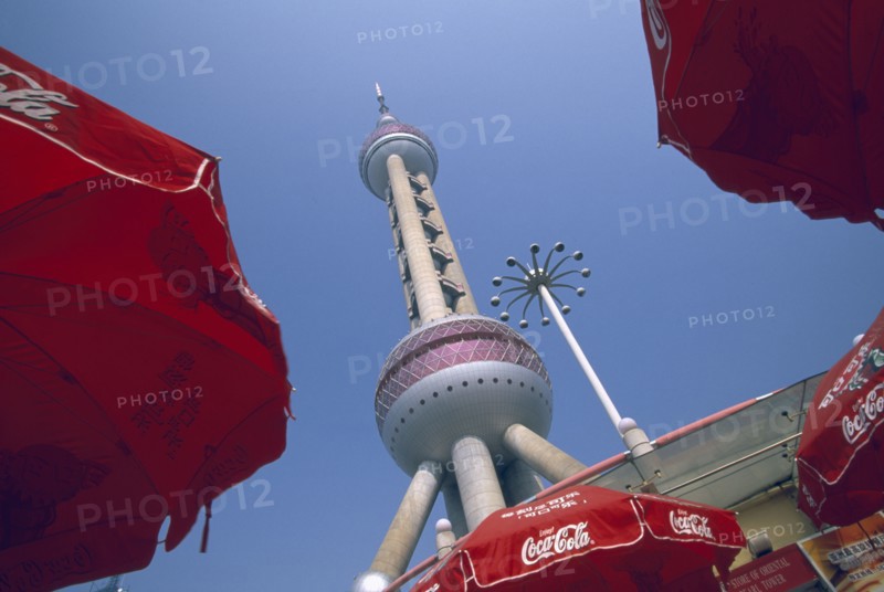 CHINA, Shanghai, "Oriental Pearl Tower TV and radio station with elevators to restaurants, conference rooms and entertainment.  Built 1991-1995 and designed by Jia Huan Cheng."
