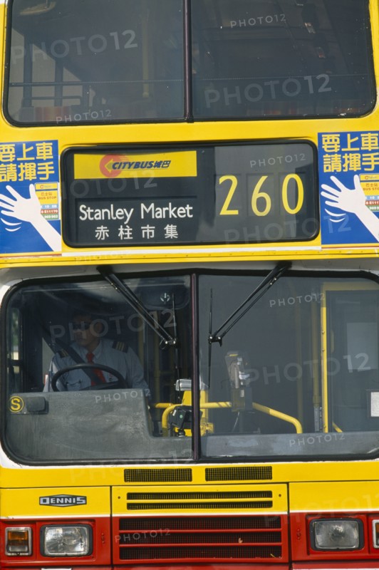 CHINA, Hong Kong, "Double decker bus, cropped view from front. "