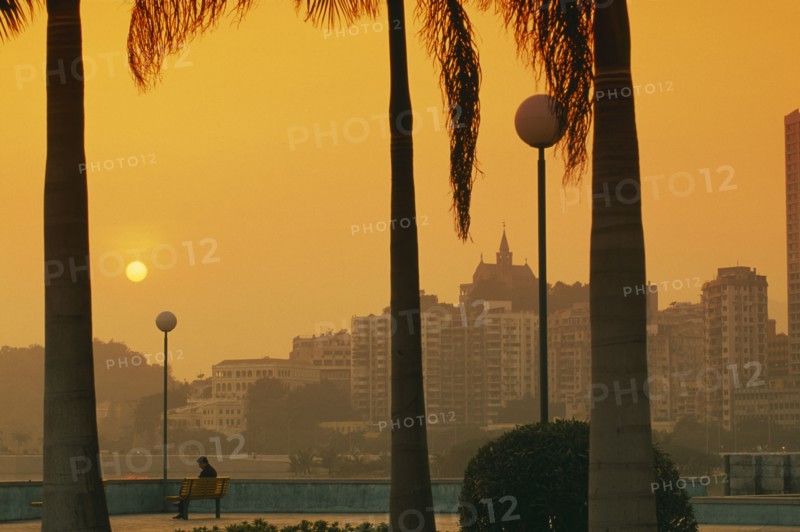 CHINA, Macau, City skyline at sunset with trunks of palm trees in foreground framing single figure on bench.