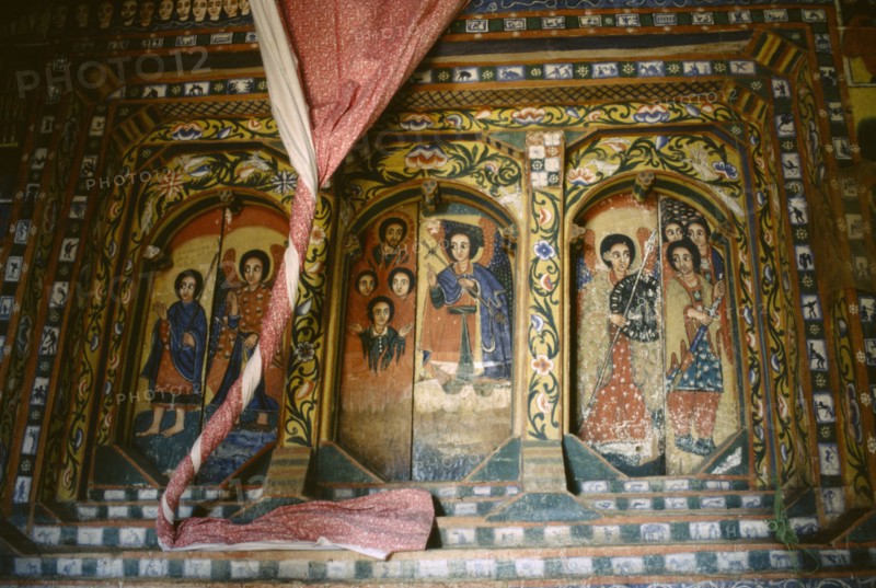 ETHIOPIA, Lake Tana, Monastery interior.  Detail of wall painting.