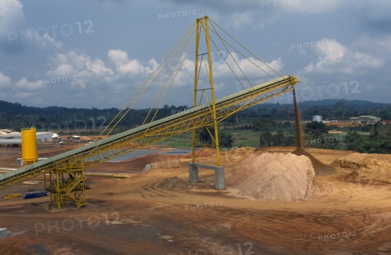 GHANA, Industry, Gold mine with conveyer belt extracting waste material.