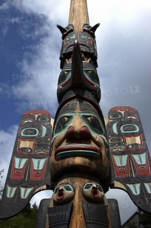 USA, Alaska, Ketchikan, Angled view looking up at a carved wooden Totem pole