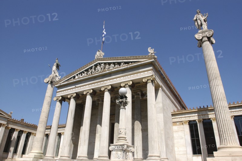 GREECE, Athens, Angled view of the facade and statues of the National Academy