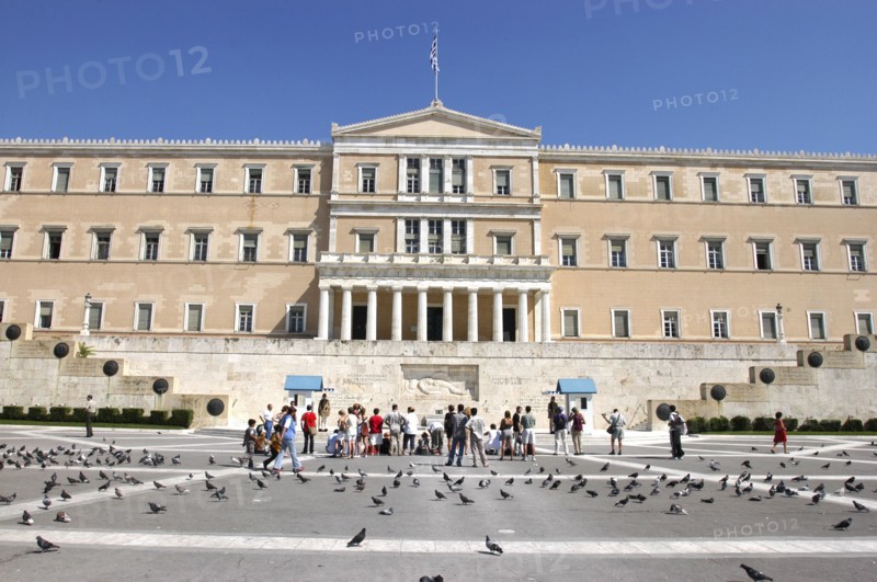 GREECE, Athens, Facade of the Parliament building seen from Syntagma Square courtyard