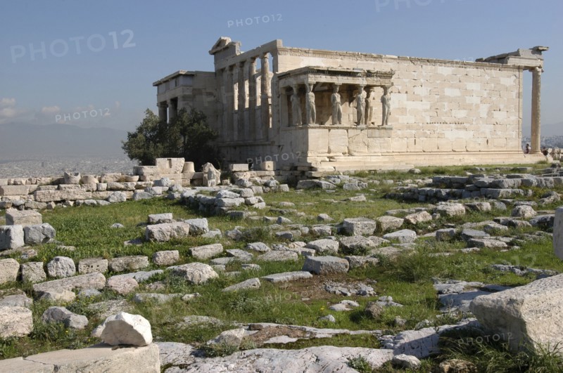 GREECE, Athens, Acropolis. Southern side of the Erechtheion with the Caryatids statues