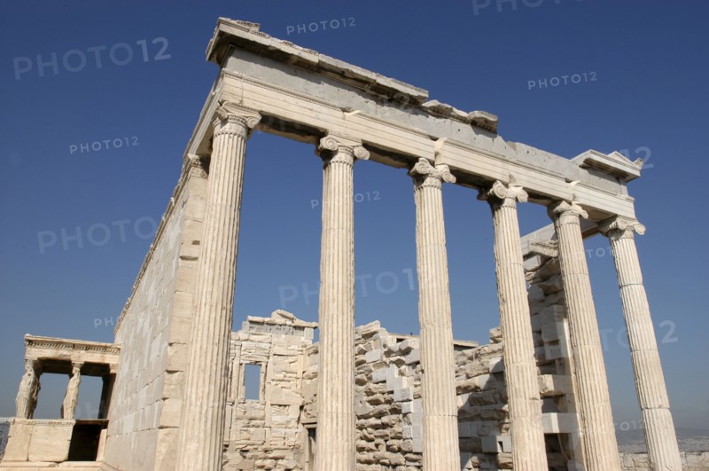 GREECE, Athens, Acropolis. Angled view of the columns of the Erechtheion ruins