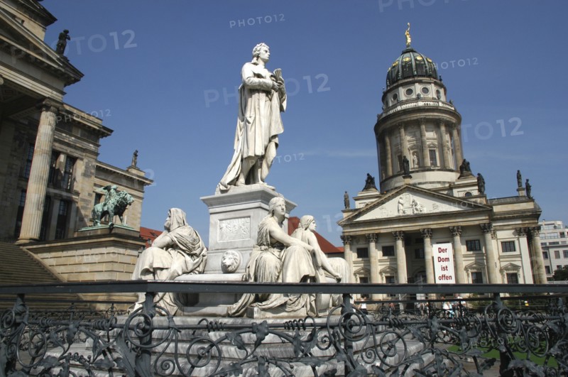 GERMANY, Berlin, Schiller Monument and French Cathedral in the Gendarmenmarkt