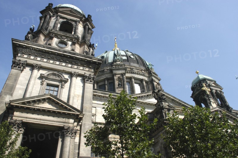 GERMANY, Berlin, Angled view looking up at the Berliner Dom with green copper domes