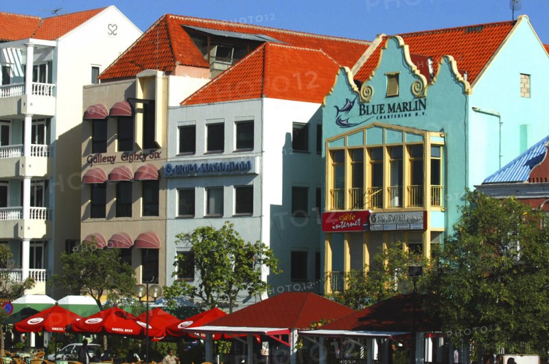 WEST INDIES, Dutch Antilles, Curacao, Willemstad harbour front colourful colonial style architecture