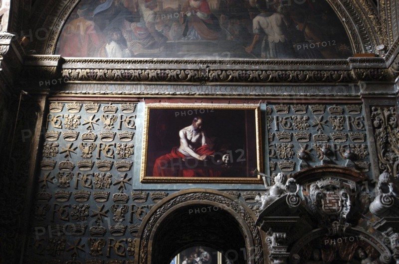 MALTA, Valletta, Interior of St Johns Cathedral with hanging artwork and frescoe