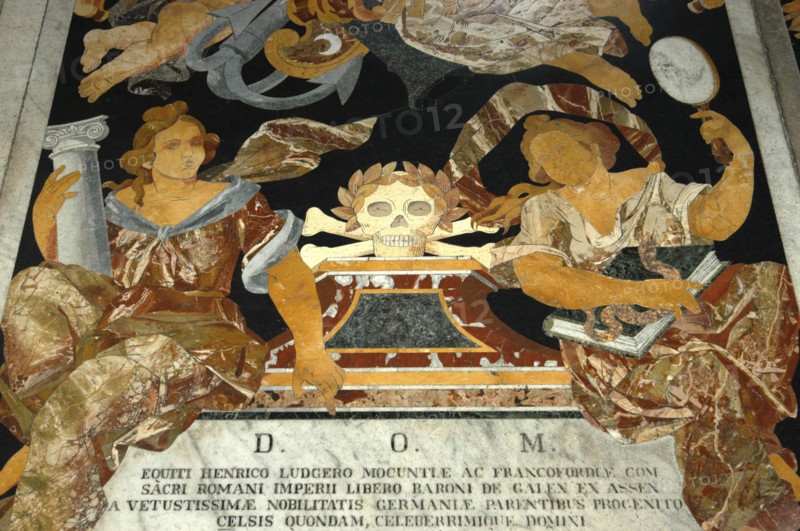 MALTA, Valletta , St Johns Cathedral. Detail of intricate marble inlaid tombstone forming part of a magnificently crafted pavimento
