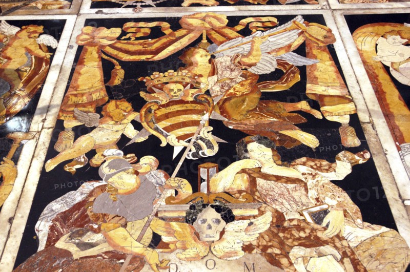 MALTA, Valletta , St Johns Cathedral. Detail of intricate marble inlaid tombstone forming part of a magnificently crafted pavimento