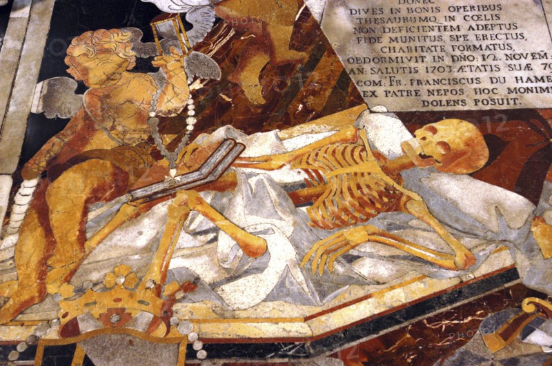 MALTA, Valletta , St Johns Cathedral. Detail of intricate marble inlaid tombstone forming part of a magnificently crafted pavimento