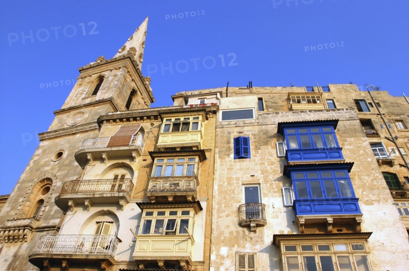 MALTA, Valletta , Angled view looking up at architectural facade