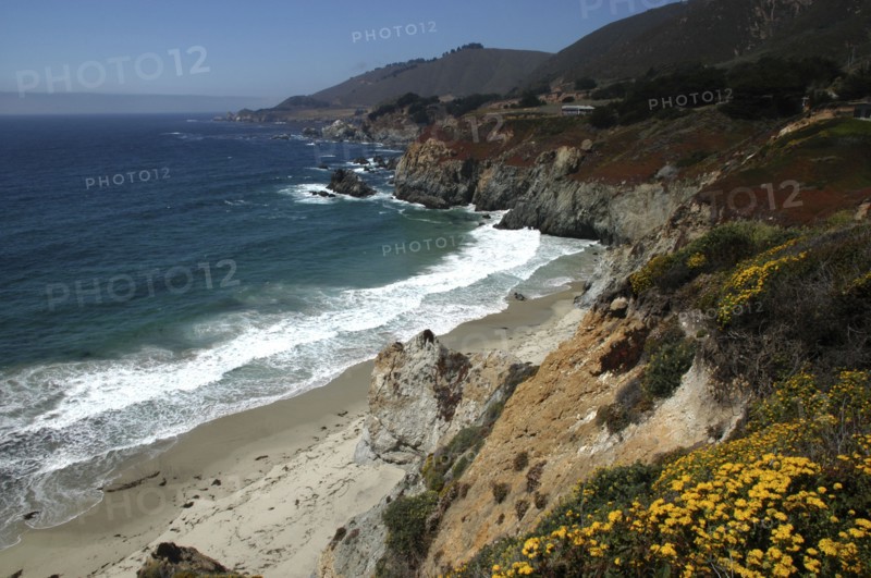 USA, California, Big Sur, Pacific Coast Highway. View over sandy bay and rocky coastline