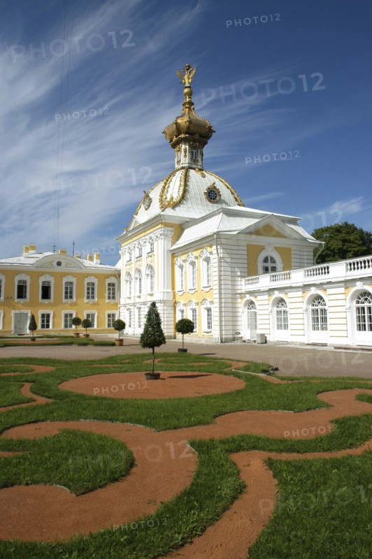 RUSSIA, St Petersburg, Peterhof Palace also known as Petrodvorets. Monplaisir palace with patterned lawn in the foreground