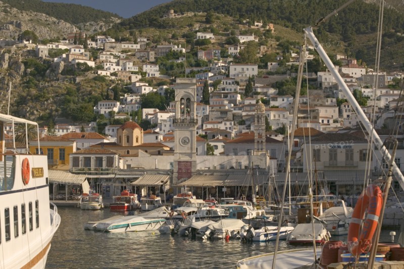 GREECE, Saronic Islands, Hydra, View of the port in Hydra Town.