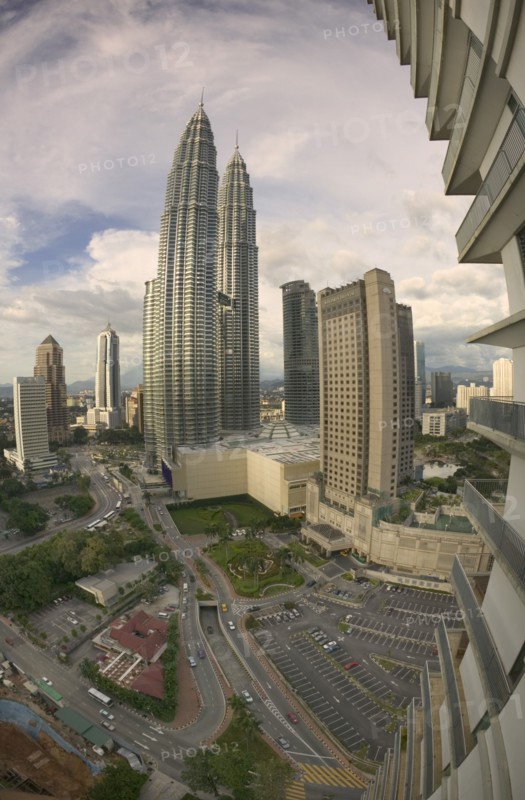 MALAYSIA, Kuala Lumpur, The Petronas Towers seen through a Fish eye lens