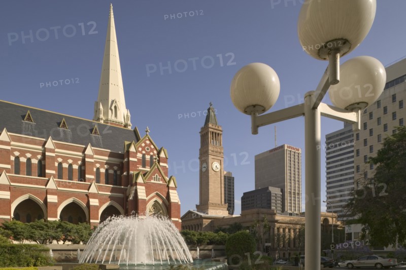 AUSTRALIA, Queensland, Brisbane, View of Brisbane City Hall in King George Square with the Albert Street Unit Church in the foreground.