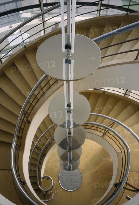 ENGLAND, East Sussex, Bexhill on Sea, De La Warr Pavilion. Interior view looking down the spiral stairway