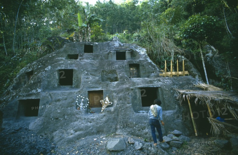 INDONESIA, Toraja, Stone burial ground surrounded by trees with man in the foreground.