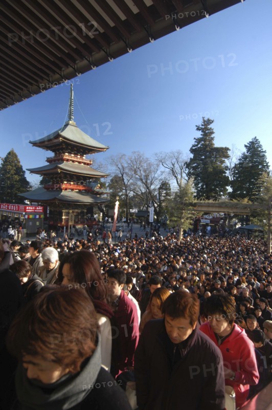 JAPAN, Honshu, Chiba , New Years Holiday worshippers crowd the steps of Narita San Temple