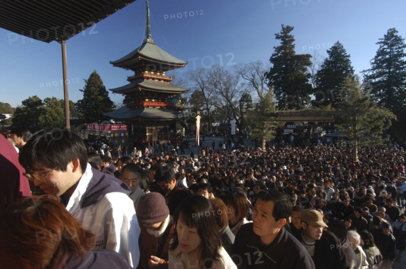 JAPAN, Honshu, Chiba , New Years Holiday worshippers crowd the steps of Narita San Temple