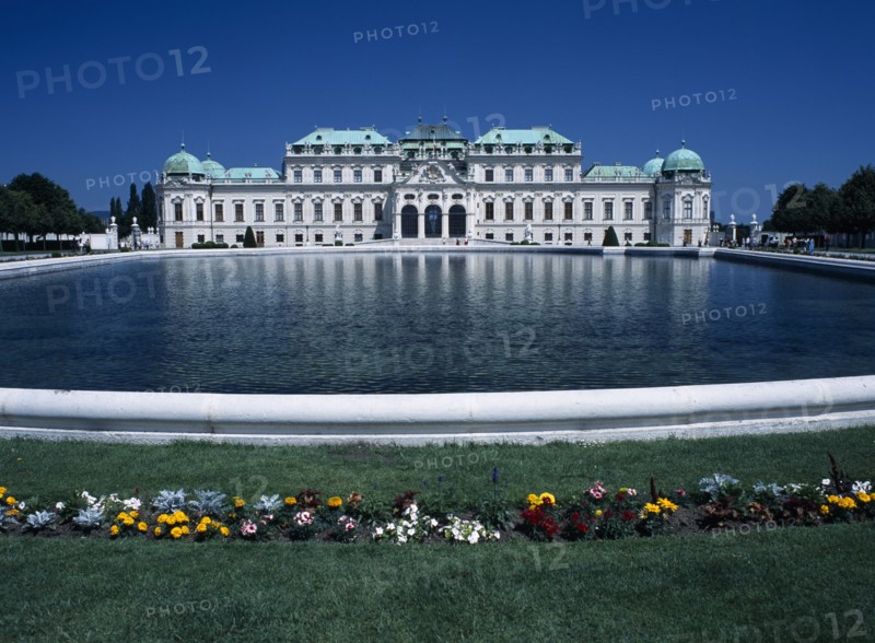 AUSTRIA, Vienna, Upper Belveder Palace southern facade seen over large pool in the gardens