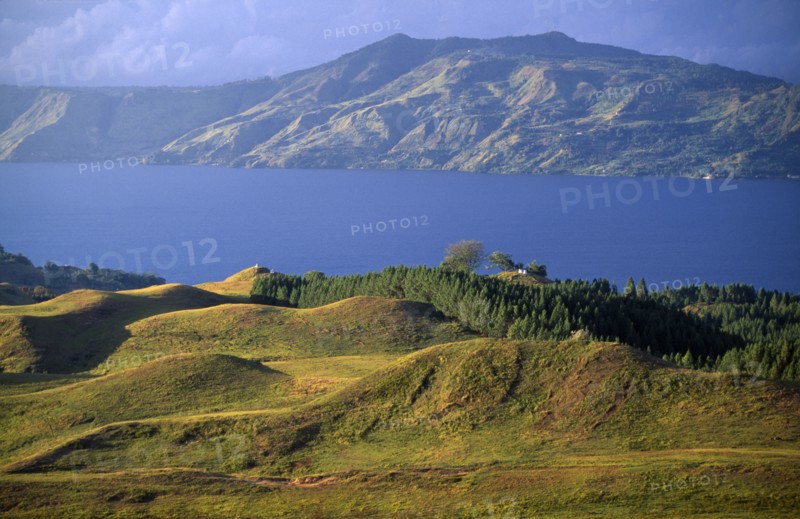 INDONESIA, Sumatra, Landscape, View north from Samosir island near Ambarita towards the north shore of Lake Toba.