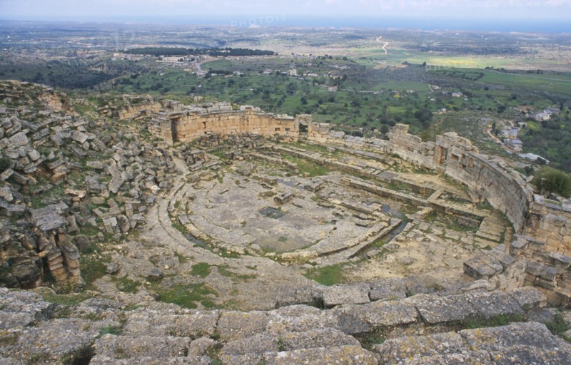 LIBYA, Cyrene, View over the Greek theater ruins dating from the 6th century BC from the upper steps