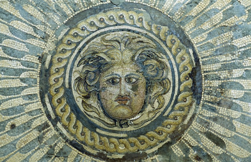LIBYA, Tolmeita, Mosaic depicting Medusa exhibited in the museum