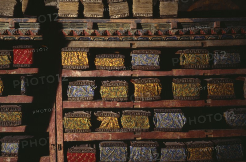 NEPAL, Mustang, Tsarang, Ancient Tibetan Buddhist texts stored in Old Palace.