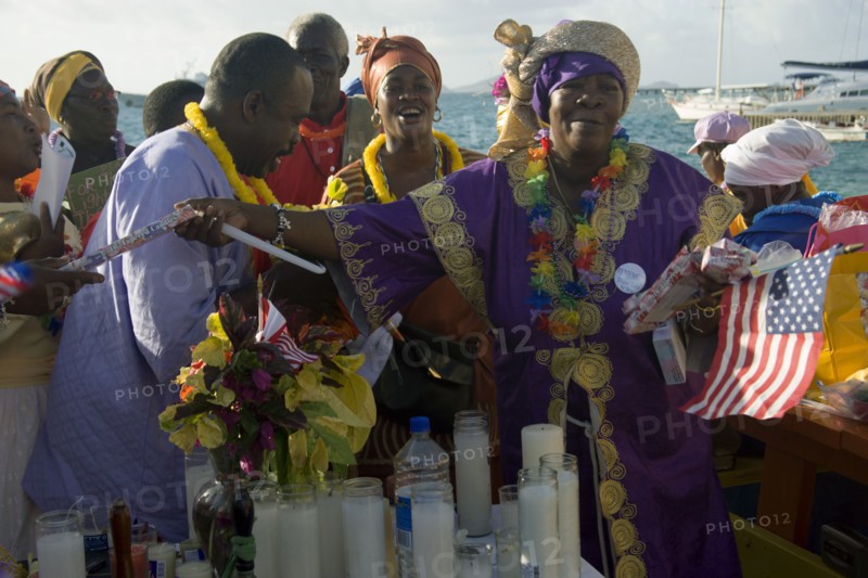 WEST INDIES, St Vincent & The Grenadines, Union Island, Baptist preacher and congregation in Clifton at Easter morning harbourside service for those lost at sea
