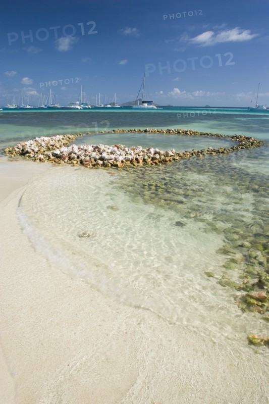 WEST INDIES, St Vincent & The Grenadines, Union Island, Conch shell structures on the beach at Clifton Harbour with yachts moored behind
