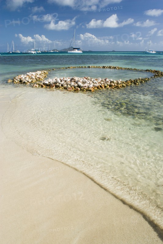 WEST INDIES, St Vincent & The Grenadines, Union Island, Conch shell structures on the beach at Clifton Harbour with yachts moored behind