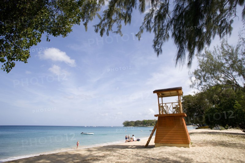 WEST INDIES, Barbados, St James, Holetown beach with lifeguards hut