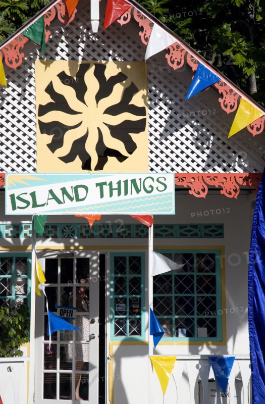 WEST INDIES, St Vincent & The Grenadines, Bequia, Colourful tourist shop on Belmont Walkway in Port Elizabeth