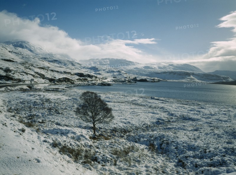 SCOTLAND, Highland, Loch Assynt, View south east across Loch in March snowfall.