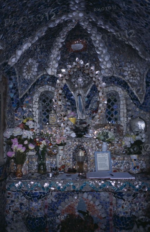 UNITED KINGDOM, Channel Islands, Guernsey, St Andrews. Les Vauxbelets.The Little Chapel. Interior with detail of shrine.