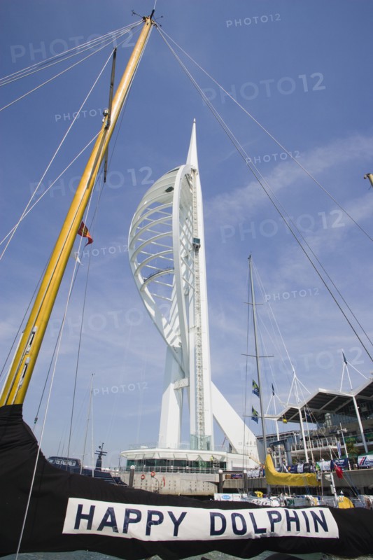 ENGLAND, Hampshire, Portsmouth, The Spinnaker Tower the tallest public viewing platforn in the UK at 170 metres on Gunwharf Quay with moorings in the foreground