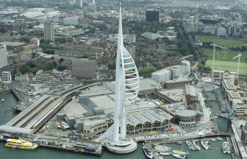 ENGLAND, Hampshire, Portsmouth, "Arial view of The Spinnaker Tower, the tallest public viewing platform in the UK at 170 metres on Gunwharf Quay "